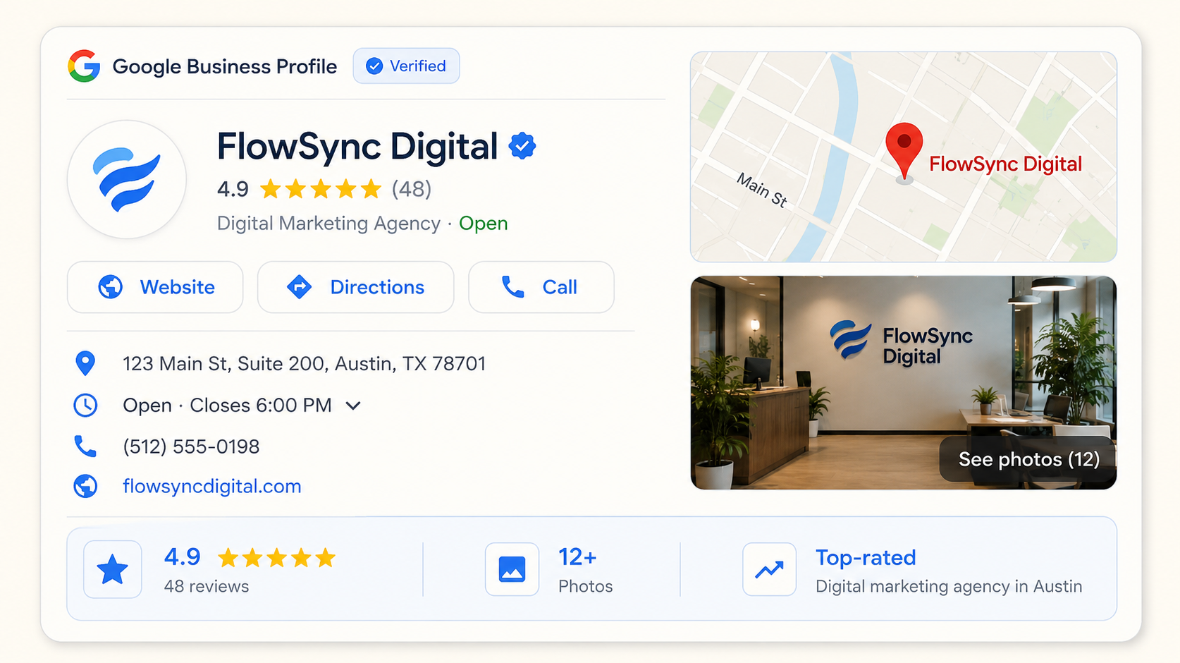 Google Business Profile details preview with categories, services, photos, and business information