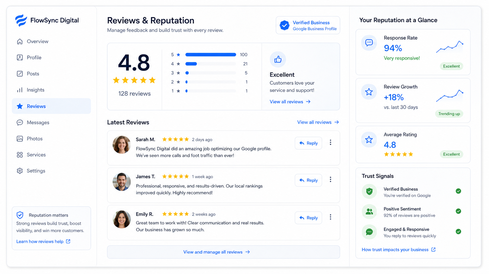 Reviews and trust section preview with proof blocks, testimonials, and local credibility signals